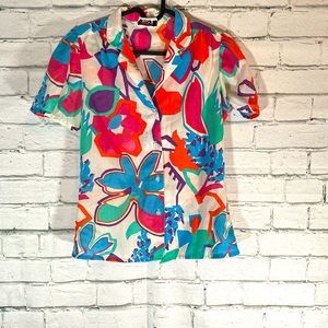 Vintage stuffed shirt tropical floral pattern collared blouse